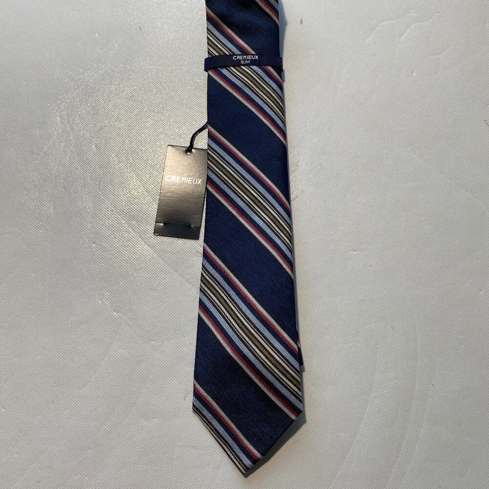 NEW- Mens Italy Made Cremieux Slim Neck Tie Silk Cotton Navy Striped $60 -A46